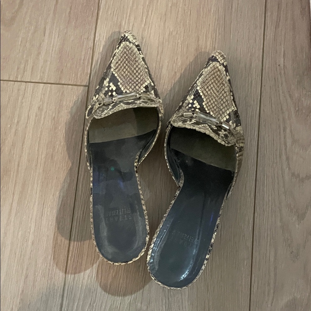Stuart Weitzman Snakeskin Pointed Toe Mules